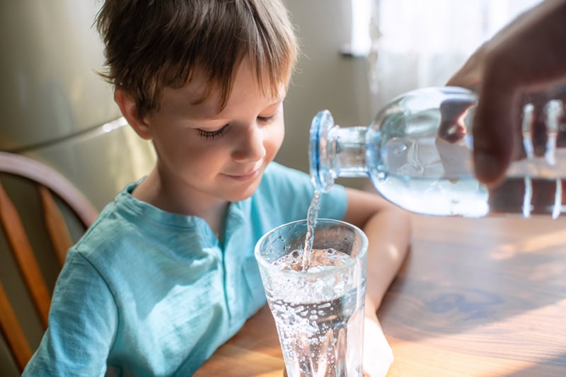 A young boy in a light blue shirt sitting at a wooden table and smiling as fresh water is poured from a glass bottle into a clear drinking glass in front of him.